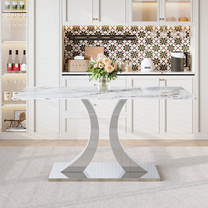 Transformable Heavy-Duty Stainless Steel Base in Silver 63" x 35" Dining Table  Luxury Pandora White Pattern Tempered Glass Rock Top for Kitchen Dining Room