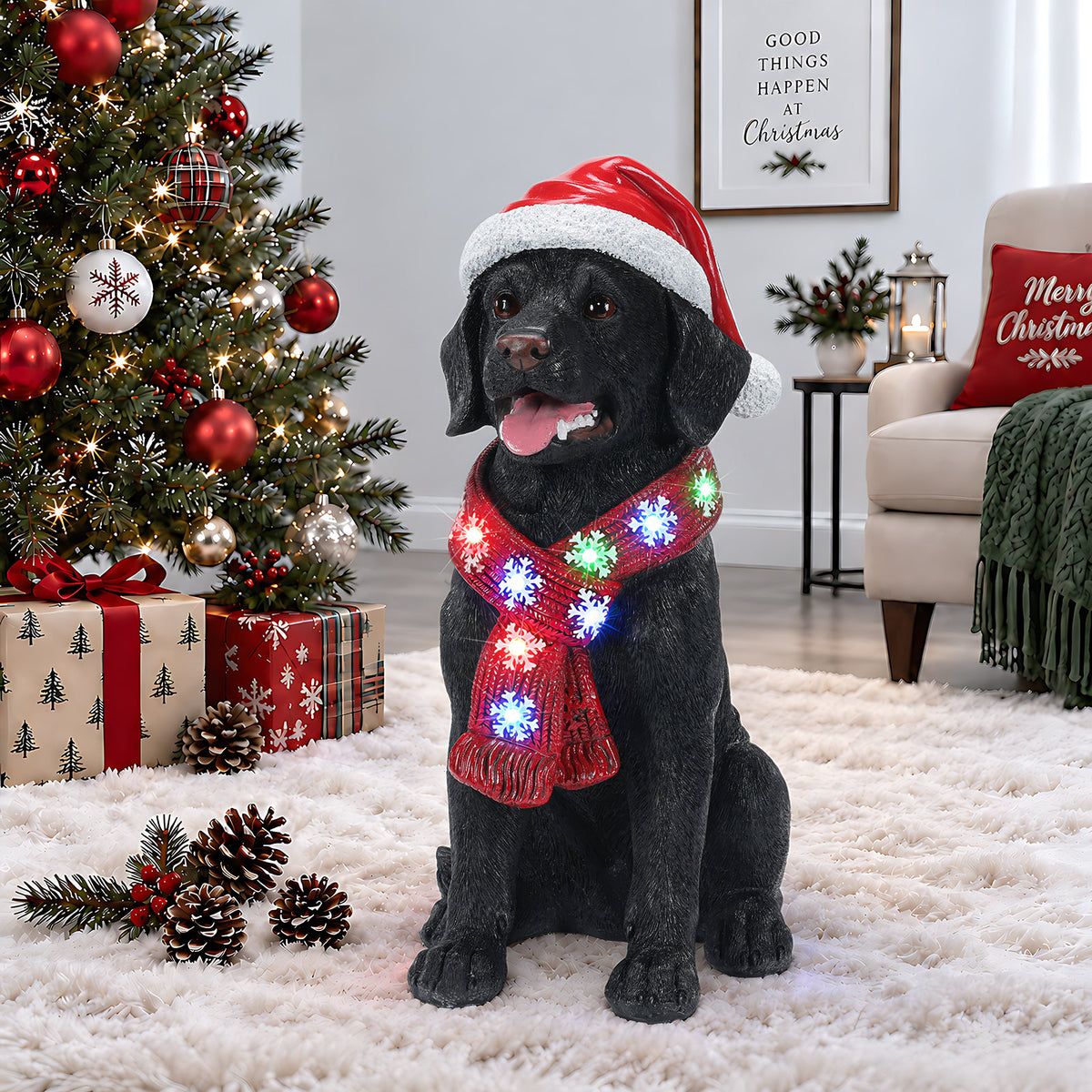 Lighted Christmas Golden Retriever Dog Statue, Santa Hat Puppy Figurine with LED Scarf
