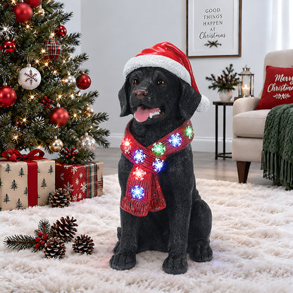 Lighted Christmas Golden Retriever Dog Statue, Santa Hat Puppy Figurine with LED Scarf