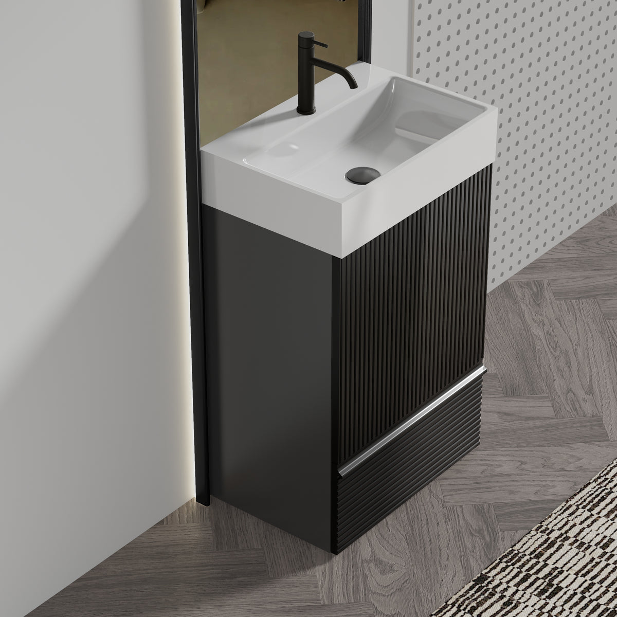 Gada 20' Striped Matt Black Bathroom Vanity with Ceramic Sink, Freestanding Bathroom Cabinet for Modern Bathroom, One-Piece White Ceramic Basin Without Drain and Faucet, KD
