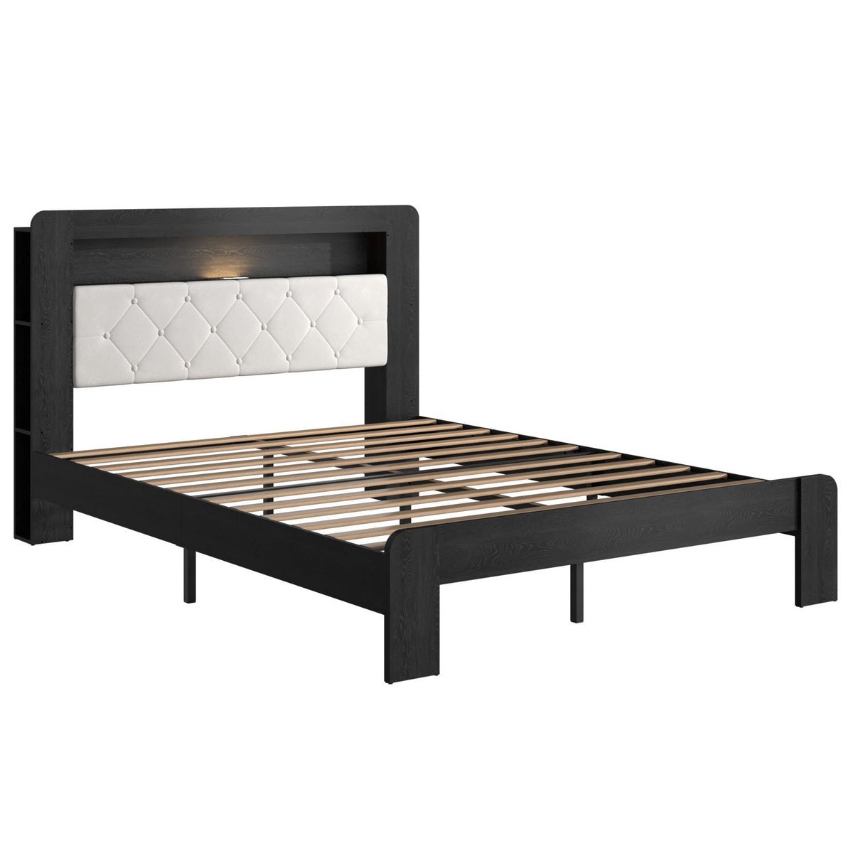 Queen Platform Bed Frame, Black Wood Look Frame with Soft Velvet , Sturdy Wood Slat Support System, Easy to Assemble, No Box Spring Required, Luxury Bedroom Furniture