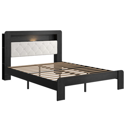 Queen Platform Bed Frame, Black Wood Look Frame with Soft Velvet , Sturdy Wood Slat Support System, Easy to Assemble, No Box Spring Required, Luxury Bedroom Furniture