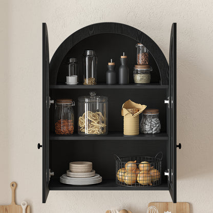 Arched Wall Mounted Cabinet, Wood Veneer Wall Storage Cabinet with Tempered Glass Doors, Adjustable Shelf, Easy Hanging Hardware Included, Decorative Floating Wall Cabinet for Laundry Room, Black