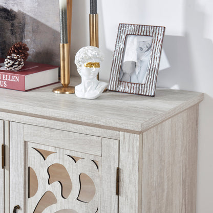 Freestanding Accent Storage Cabinet, MDF Sideboard Buffet Cabinet, Acrylic Mirror Carved Doors, Adjustable Shelf, Spacious Countertop, Anti‑Tip Straps, Easy Assembly for Living Room Hallway Kitchen