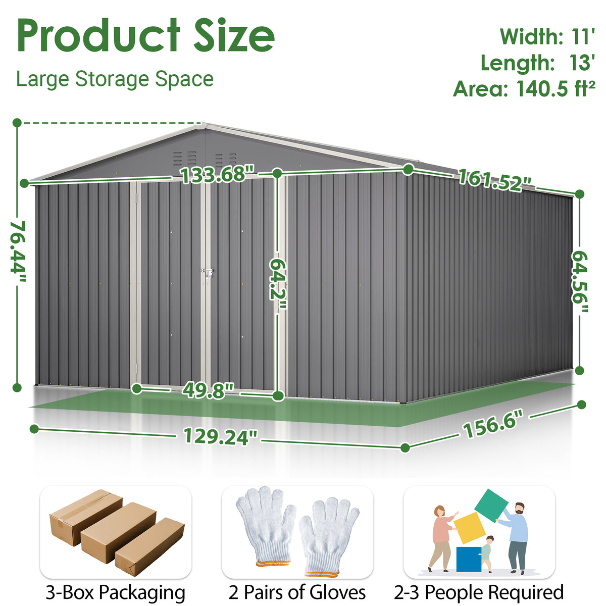 11x13 FT Metal Storage Shed with Reinforced Floor Frame Large 140.5 ft² Outdoor Garden Tool House Lockable Doors & 4 Air Vents Weatherproof