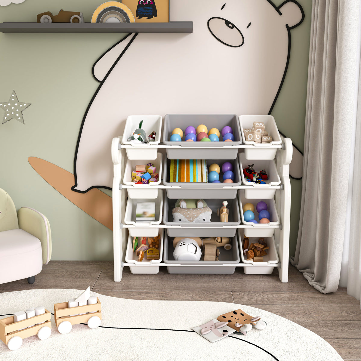 Multi-functional Kids Toy Storage Organizer Cabinet with HDPE Shelf and 12 Bins, Grey White, 33.07 x 14.17 x 33.86 inches