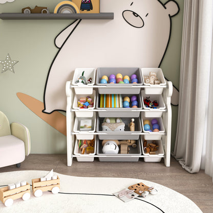 Multi-functional Kids Toy Storage Organizer Cabinet with HDPE Shelf and 12 Bins, Grey White, 33.07 x 14.17 x 33.86 inches