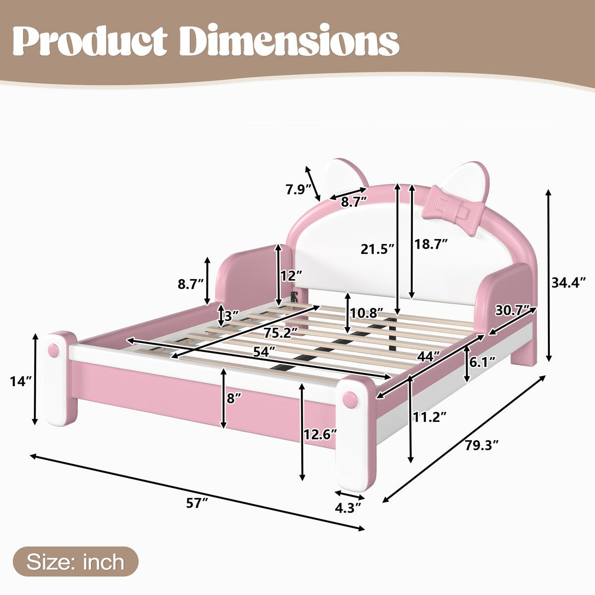 Full Cute Cat Shaped Upholstered Kids Platform Bed, Princess Style Low Profile Children Bed Frame for Bedroom,white&Pink