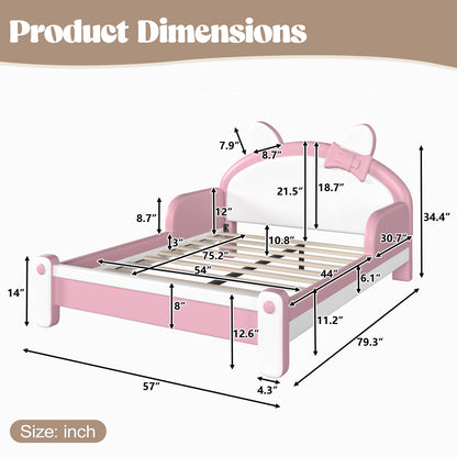Full Cute Cat Shaped Upholstered Kids Platform Bed, Princess Style Low Profile Children Bed Frame for Bedroom,white&Pink