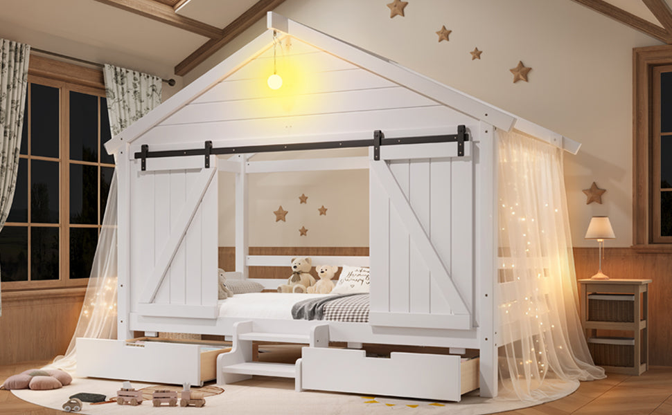 Twin Size Farmhouse Bed with Sliding Barn Door and Light Bulb, Wood house Bed Frame with Stair and Drawers, White