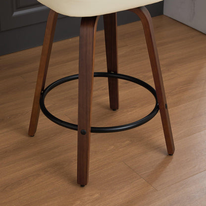 Set of 2 Counter Height Bar Stools - 26 inch Rattan Counter Height Stools with Cane Back, Upholstered Seat, Walnut Craftsmanship, Swivel Counter Stools for Island/Kitchen/Counter/Bar (Walnut /Beige)