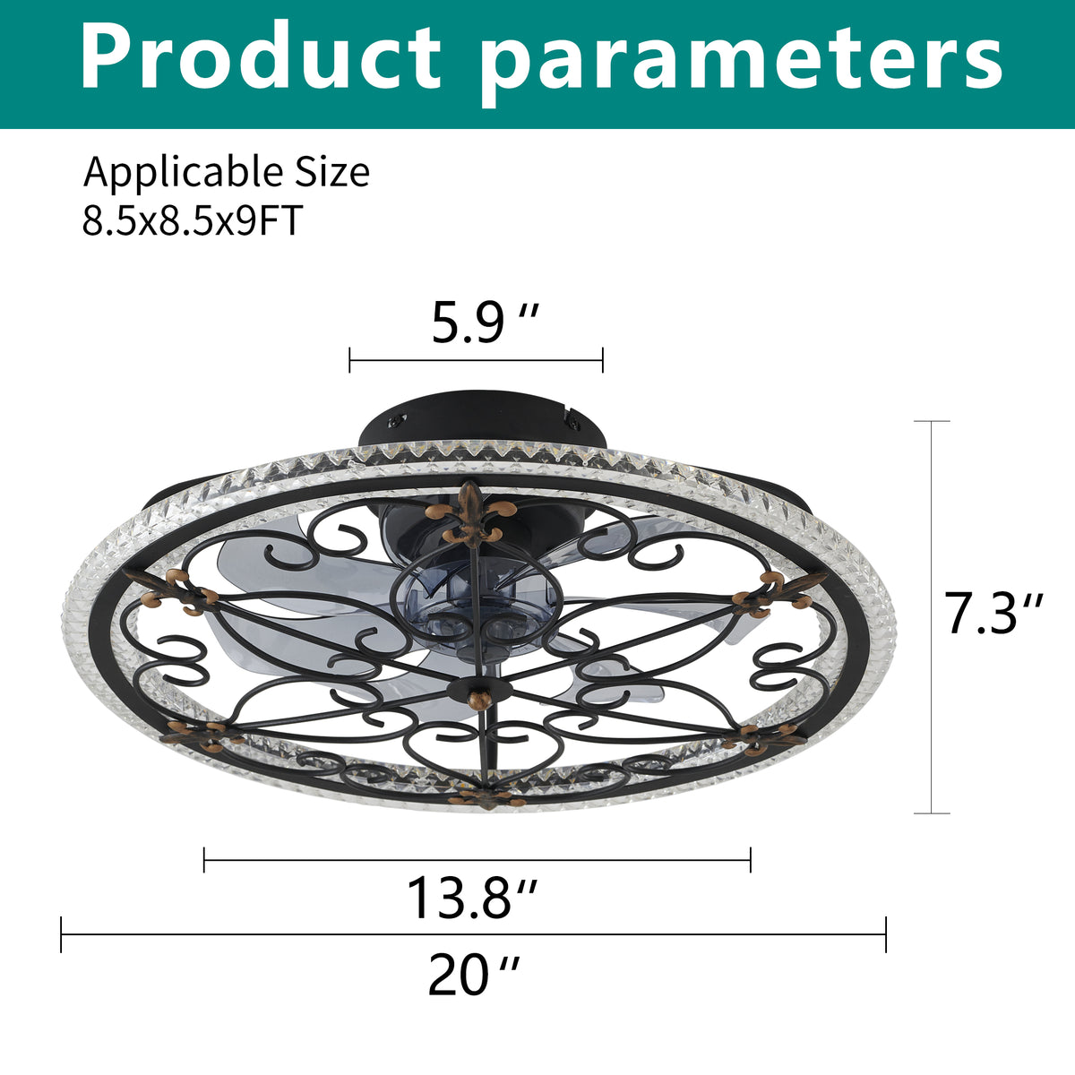 Rustic Black Caged Ceiling Fan with Remote-Controlled LED Light for Bedroom Kitchen Living Room, Matte Black Iron and ABS-PC Construction, 20-Inch