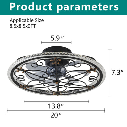 Rustic Black Caged Ceiling Fan with Remote-Controlled LED Light for Bedroom Kitchen Living Room, Matte Black Iron and ABS-PC Construction, 20-Inch