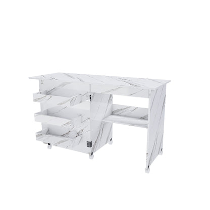 4-in-1 Folding Sewing Table with Lockable Wheels – Multi-Functional Craft Station, End Table, Computer Desk & Kitchen Storage with Shelves, White Rolling Sewing Machine Table for Apartments