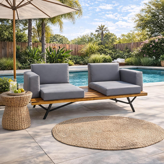 Outdoor Acacia Wood 2 Seater Sofa with Metal Legs for Garden Patio