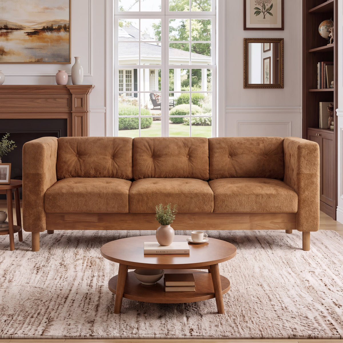 78" Modern 3 Seater Sofa Chenille Upholstered Couch with Square Arms, Tufted Pillow Back & Natural Rubber Wood Legs Multi Cushion Sofa for Living Room and Apartment Leisure Corner, Orange