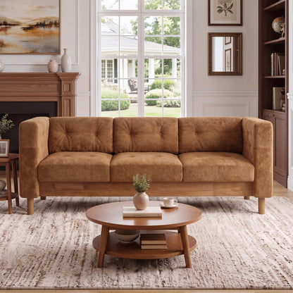 78" Modern 3 Seater Sofa Chenille Upholstered Couch with Square Arms, Tufted Pillow Back & Natural Rubber Wood Legs Multi Cushion Sofa for Living Room and Apartment Leisure Corner, Orange