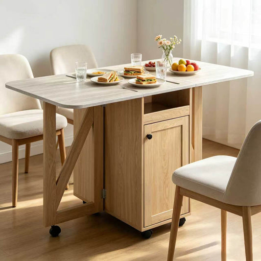 Folding Dining Table with Storage Cabinet & Shelves, Mobile Space-Saving Kitchen Table for Small Spaces