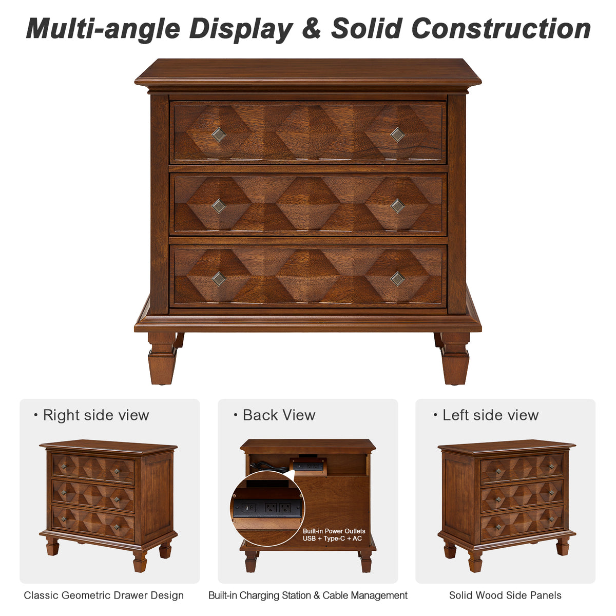 Farmhouse Nightstand with Charging Station, 3-Drawer Engineered Wood Storage Cabinet, Bedside Table for Bedroom