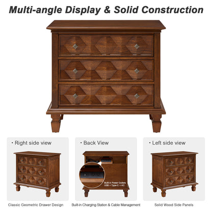 Farmhouse Nightstand with Charging Station, 3-Drawer Engineered Wood Storage Cabinet, Bedside Table for Bedroom