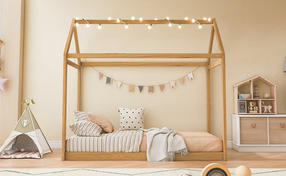 Twin Size Wooden House Bed, Wood Color