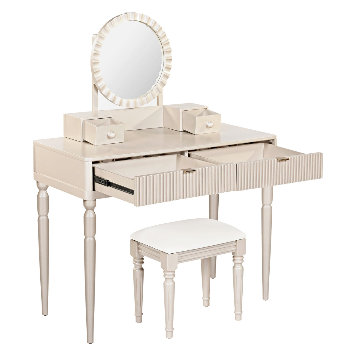 Luxury Vanity Desk with Round Mirror,Height-Adjustable, Stylish Dressing Table Set, 4 Drawers & Stool, Champagne