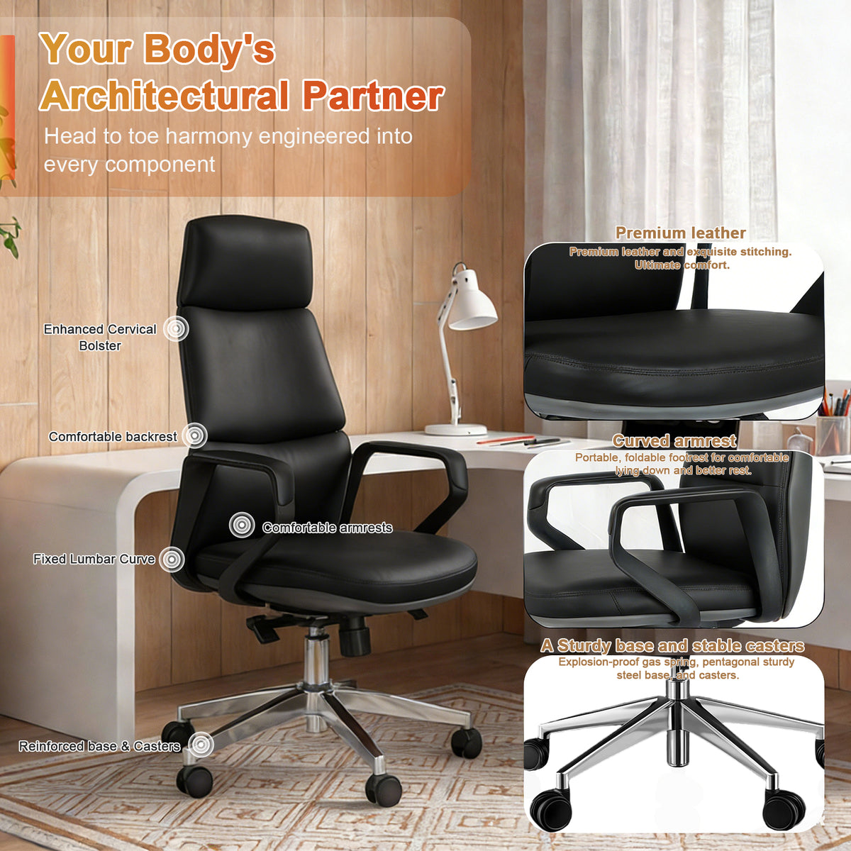 FurniBaron PU Leather High Back Office Chair with , ergonomic lumbar support 400lbs, sturdy metal base, 360° silent wheels, fit for home and office