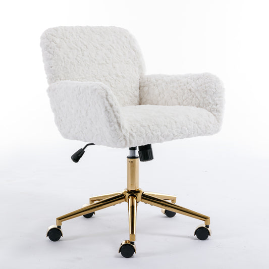 A&A Furniture Artificial Rabbit Hair Office Chair with Golden Metal Base, Adjustable Swivel Vanity Chair, Beige Velvet