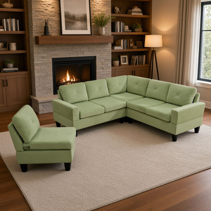 95.5 x 75 Inches Width Apple Green Modular L-Shaped Sectional Sofa 6-Seater 4-Piece Massa Flannel  Fabric Couch with Chaise