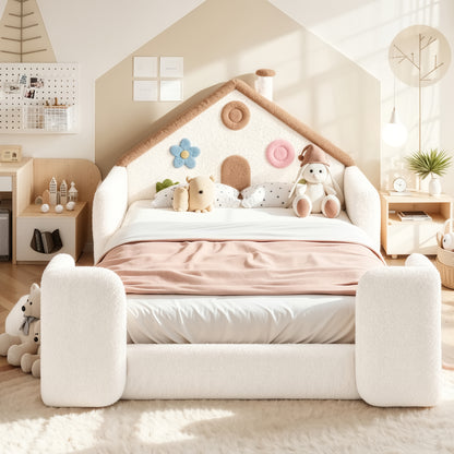 Full House Shaped Upholstered Floor bed, Upholstered Kids bed with Safety Side Rails, Solid Children Bed Frame, Low Floor Playhouse Bed for Nursery & Kids Bedroom.Beige & Natural