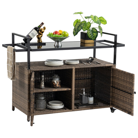 Outdoor Wicker Bar Cart, Patio Wine Serving Cart w/Wheels – Model W640141441