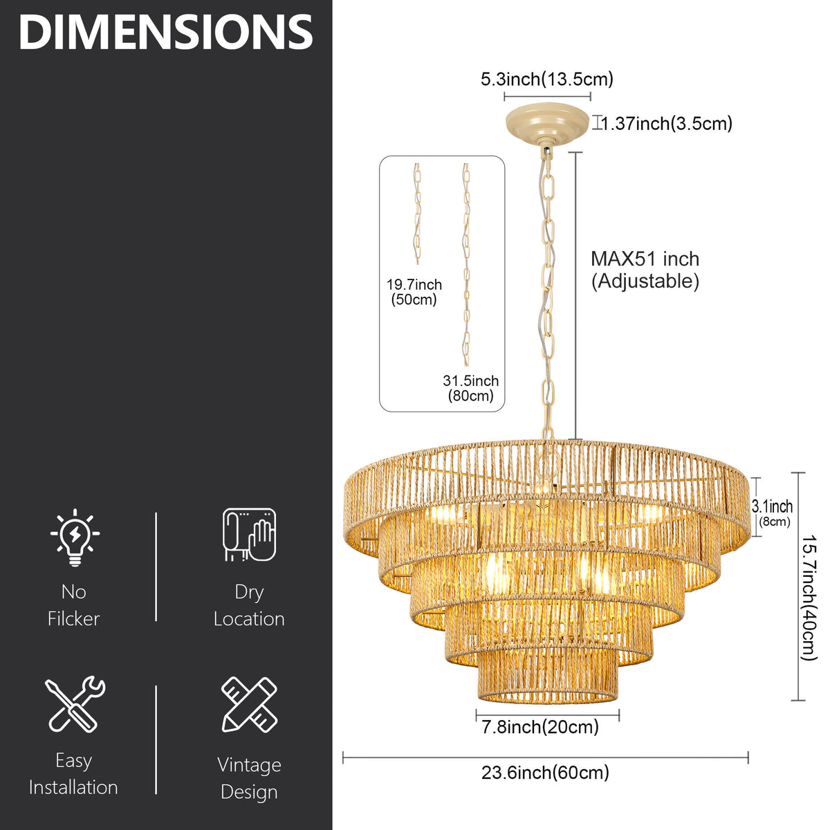 23.62" Tiered Chandelier, 5-Tier Off White Metal & Glass Pendant Light, 8xB12 Socket Max 40W, Bulbs Not Included