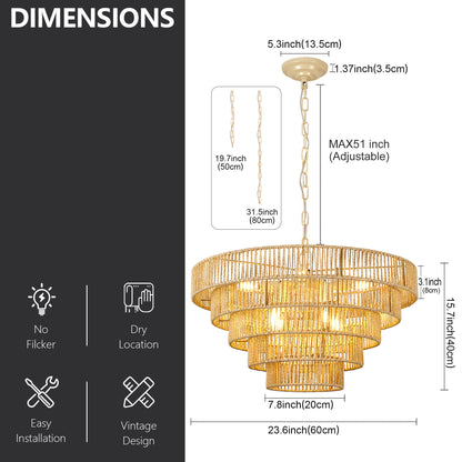 23.62" Tiered Chandelier, 5-Tier Off White Metal & Glass Pendant Light, 8xB12 Socket Max 40W, Bulbs Not Included