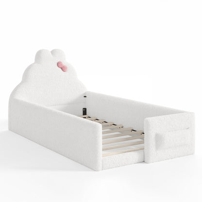Twin Size Upholstered Floor bed, LowtoGround floor bed, Soft Padded Upholstered Kids bed, Safe Children Bed Frame with Side Storage Pocket for Kids.White