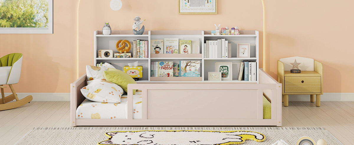Full Size Wooden Platform Floor Bed with Guardrail Fence and Convenient Side Storage Shelves, Space-Saving Kids Bed Frame,Nude and White