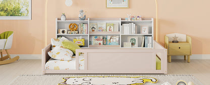 Full Size Wooden Platform Floor Bed with Guardrail Fence and Convenient Side Storage Shelves, Space-Saving Kids Bed Frame,Nude and White