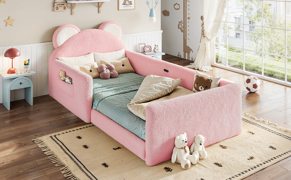 Twin Upholstered Kids Bed, Cute BearShaped Upholstered Floor bed, Children Bed Frame with Removable MagicTape Headboard, Low Floor Bed for Kids,White&Pink