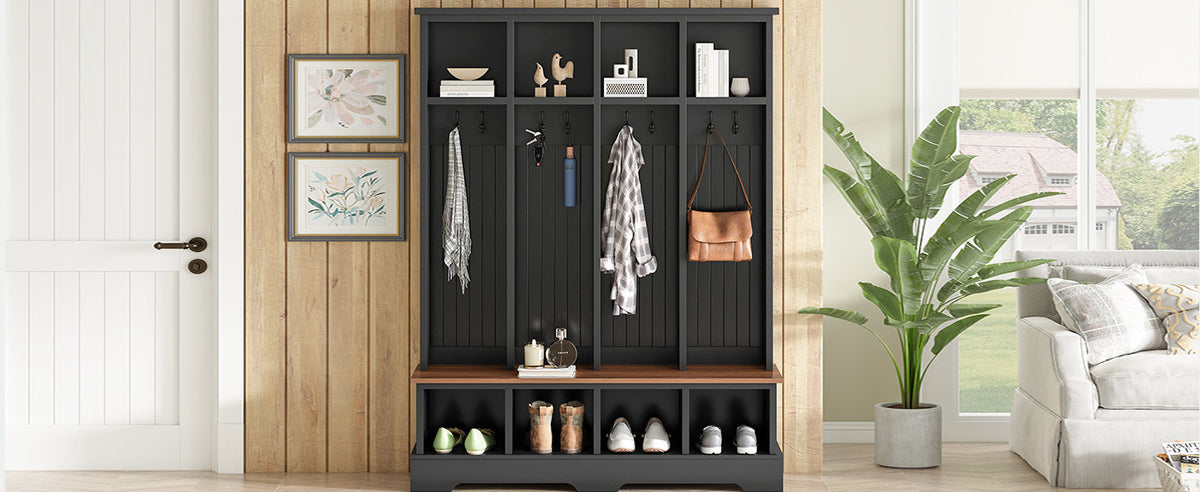 Farmhouse Hall Tree with 8 Hooks, Practical Entryway Bench with Open Compartments, 76.7'H Modern 3-in-1 Wooden Style Coat and Shoe Rack for Mudroom, Living Room, Black