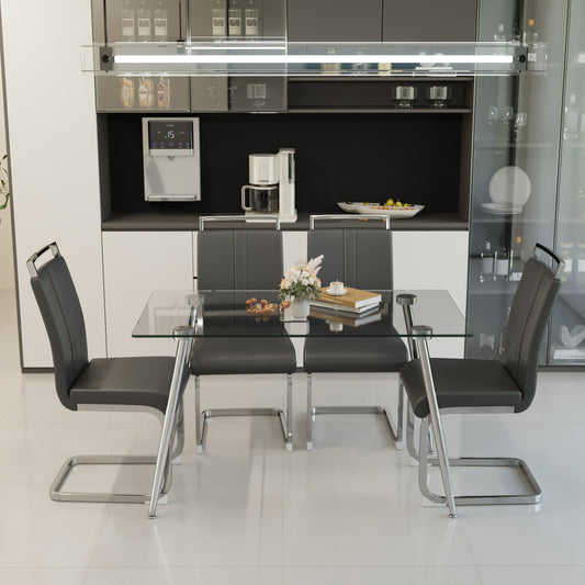 51 inch Glass Dining Table Set for 4, Dining Table & Chair Sets with Silver Plating Legs for Kitchen, Modern Rectangle Tempered Glass Table Top and  PU Dining  armless Chair for Dining Room