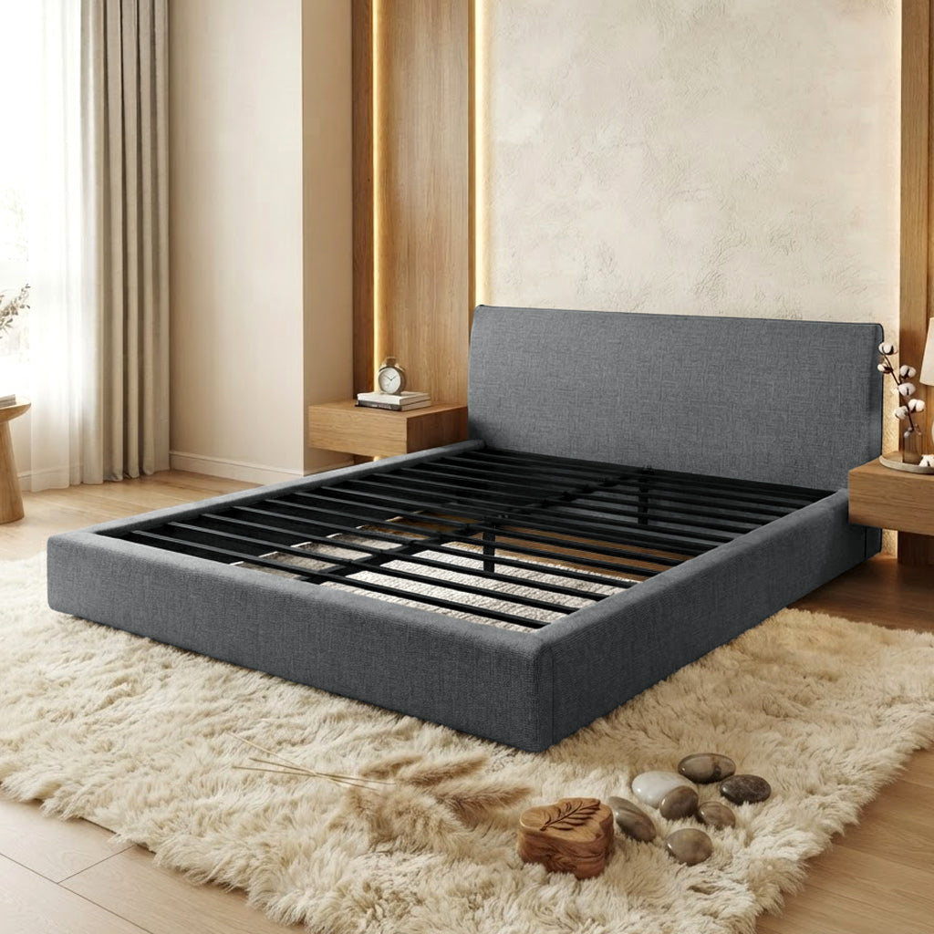 Queen Size Compression Bed‑ Dark Grey Upholstered Platform Bed Frame with Headboard, Vacuum‑Sealed Foam Bed with Metal Slats, No Box Spring Needed for Bedroom Apartment