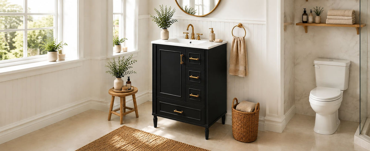 24' Modern Bathroom Vanity with Ceramic Sink, Soft-Close Door, 3 Drawers, Gold Handles, and Door-Mounted Rack for Space-Saving Storage(Old SKU:N729P373272B)