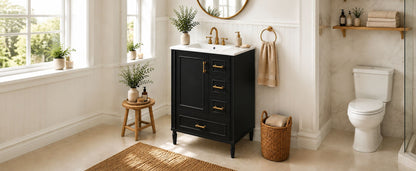 24' Modern Bathroom Vanity with Ceramic Sink, Soft-Close Door, 3 Drawers, Gold Handles, and Door-Mounted Rack for Space-Saving Storage(Old SKU:N729P373272B)