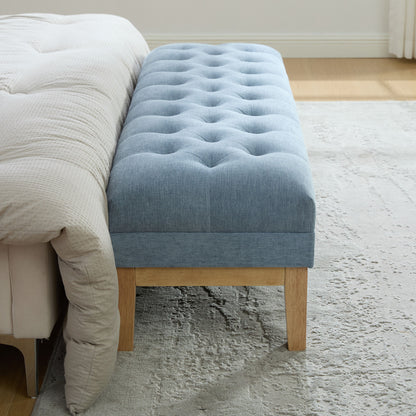 63'' Wide Upholstered Chenille Accent End of Bed Bench Ottoman With Nature-finished Rubberwood Legs, Tufted Footstool with Padded Seat for Window Entryway Living Room Bedroom Dining Hallway, Blue