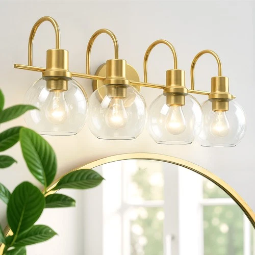 Modern Vanity Light with Glass Shade Bathroom Mirror Gold Wall Lamp Fixture-4-Light