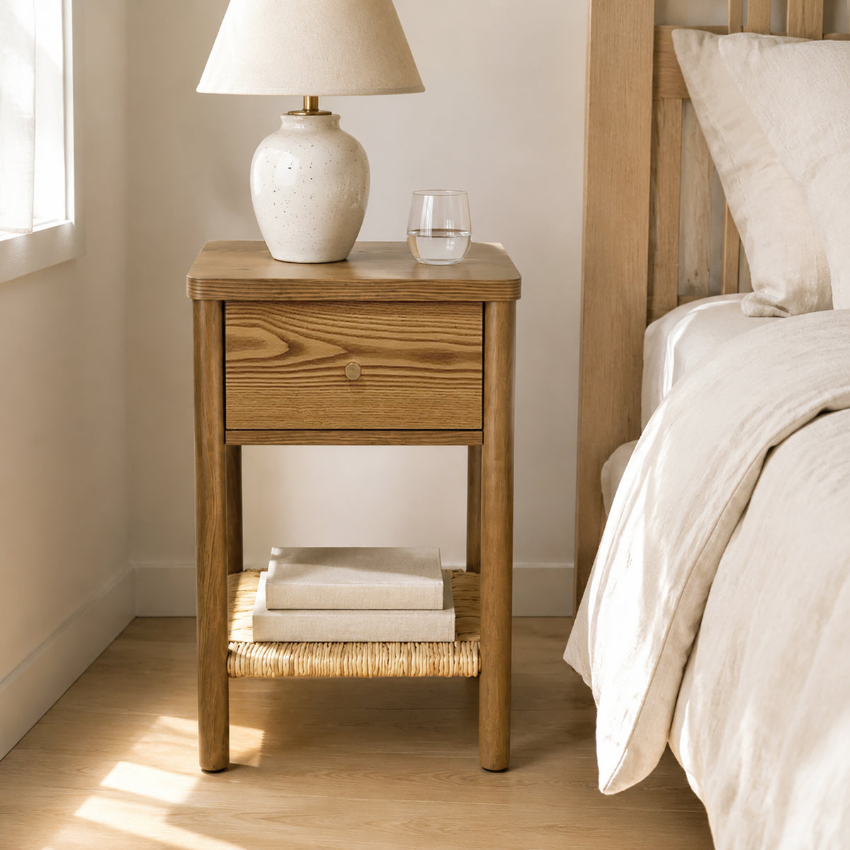Walnut Ainsley Nightstand Side End Table with Rounded Edge Tabletop, Solid Wood Round Legs, Woven Jute Storage Shelf & Drawer, for Bedroom Living Room