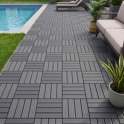Plastic Interlocking Deck Tiles, 44 Pack 12"x12" Waterproof Non-Slip Outdoor Patio Flooring, All Weather Drainable Snap Together Decking Tiles for Poolside, Porch, Garden, Backyard & Shed Floor,Grey