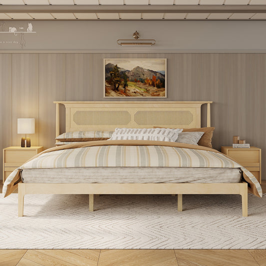 King Size Pine Wooden, Solid Wooden Bed with Rattan Headboard, Reinforced by Support Wood Legs,Natural