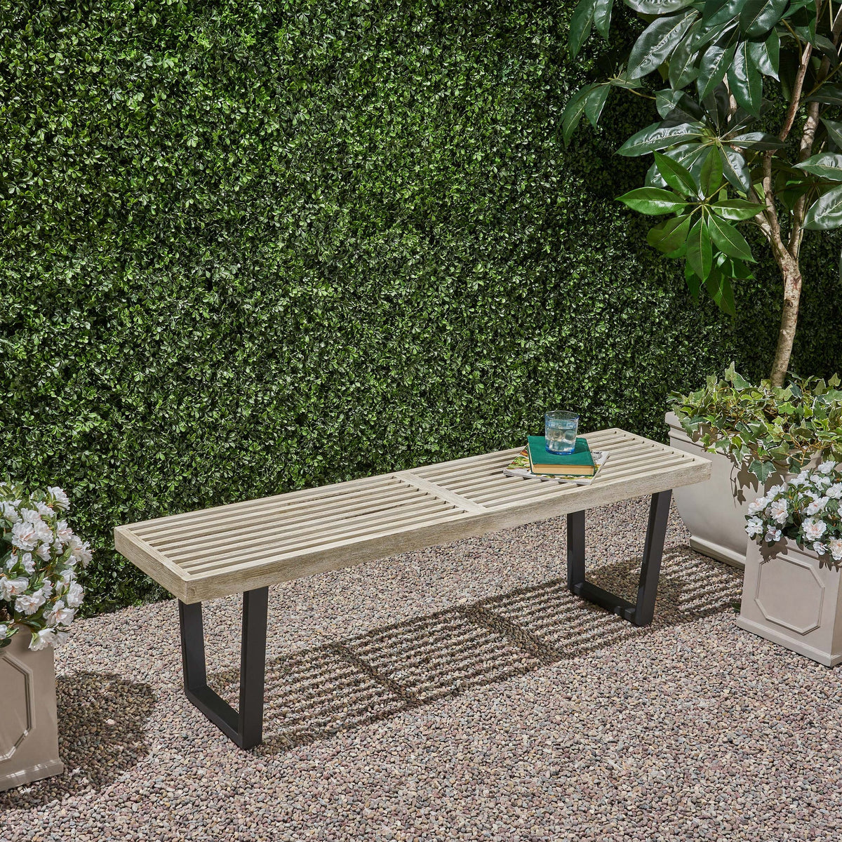 Metal/Solid Wood Outdoor Bench