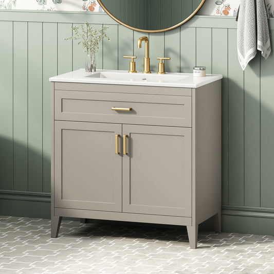 [Video] 30" Bathroom Vanity with Ceramic Sink Top, Solid Wood Legs, Soft-Close Double Doors & Tip-Out Drawer, Adjustable Interior Shelf, Door-mounted Organizers, Beige