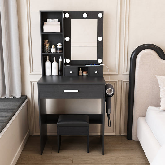 Vanity Table with Mirror & Adjustable LED Lights, Power Outlet, Hairdryer Holder & Stool – Compact Dressing Desk for Small Bedrooms(Black)